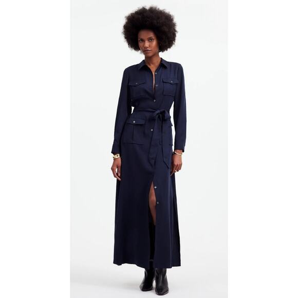 NWT Madewell Utility Tie Waist Maxi Shirtdress in Navy Blue NT565 Size Medium - Picture 1 of 9